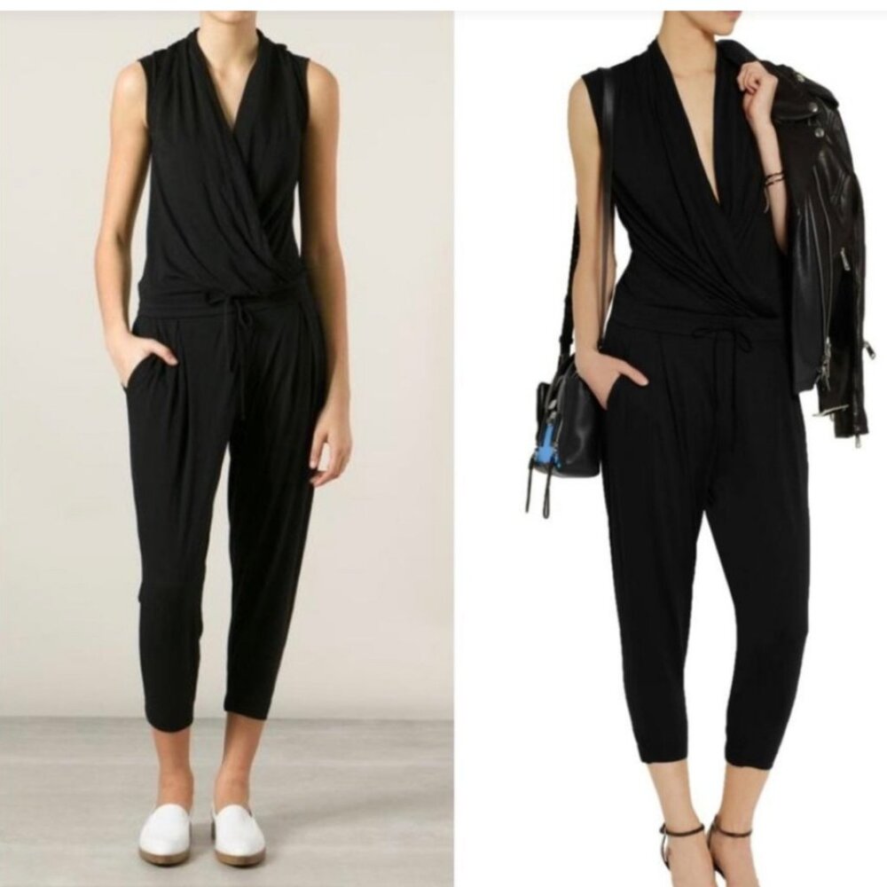 Helmut Lang Black Sleeveless Draped V-Neck Jumpsuit